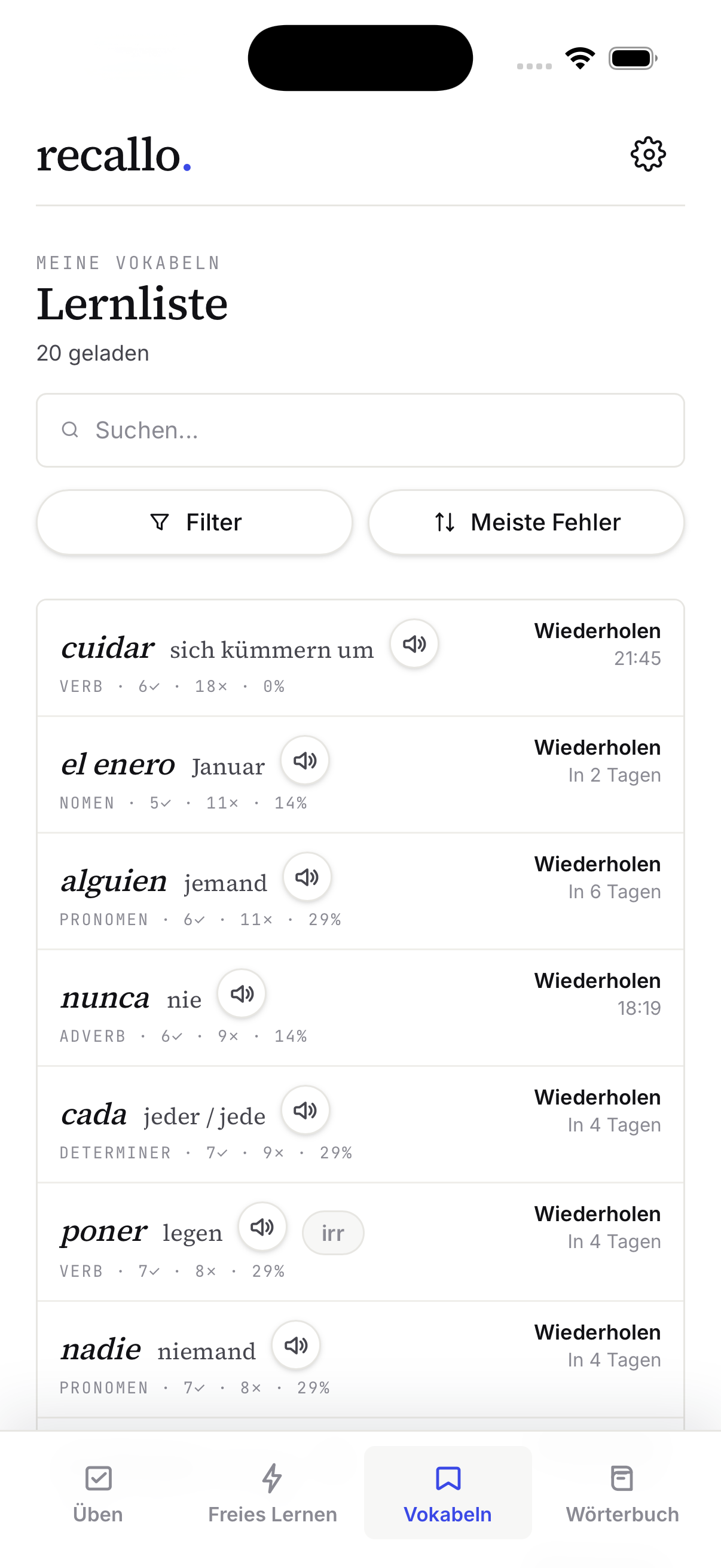 Persönliche Lernliste mit Lemmas und Status-Tags.